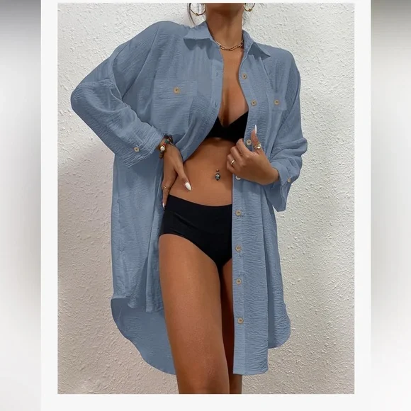 Blue Button-Up Swimsuit Cover-Up/Dress - Picture 3 of 10